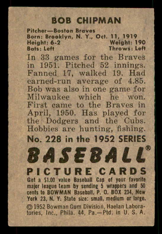 1952 Bowman Baseball #228 Bob Chipman Braves EX-MT 533142