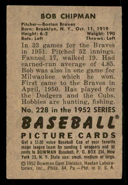 1952 Bowman Baseball #228 Bob Chipman Braves EX-MT 533142