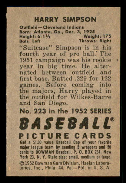1952 Bowman Baseball #223 Harry Simpson Indians EX-MT 533143