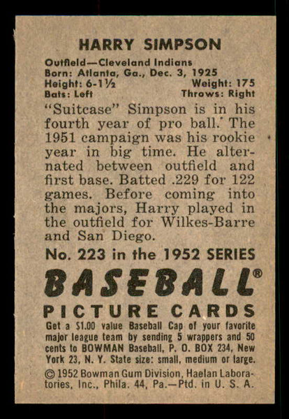 1952 Bowman Baseball #223 Harry Simpson Indians EX-MT 533143