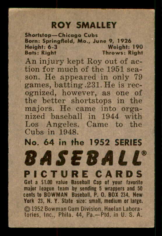 1952 Bowman Baseball #064 Roy Smalley Cubs EX-MT 533145