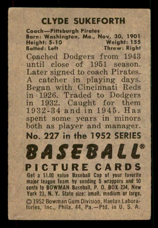 1952 Bowman Baseball #227 Clyde Sukeforth Pirates VG-EX 533147
