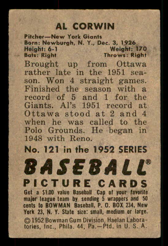 1952 Bowman Baseball #121 Al Corwin Giants VG-EX 533148