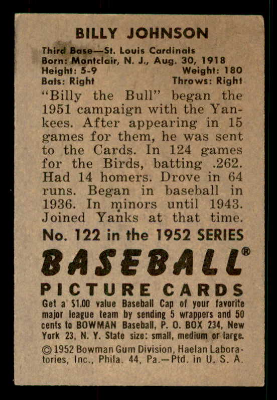 1952 Bowman Baseball #122 Billy Johnson Cardinals VG-EX 533149