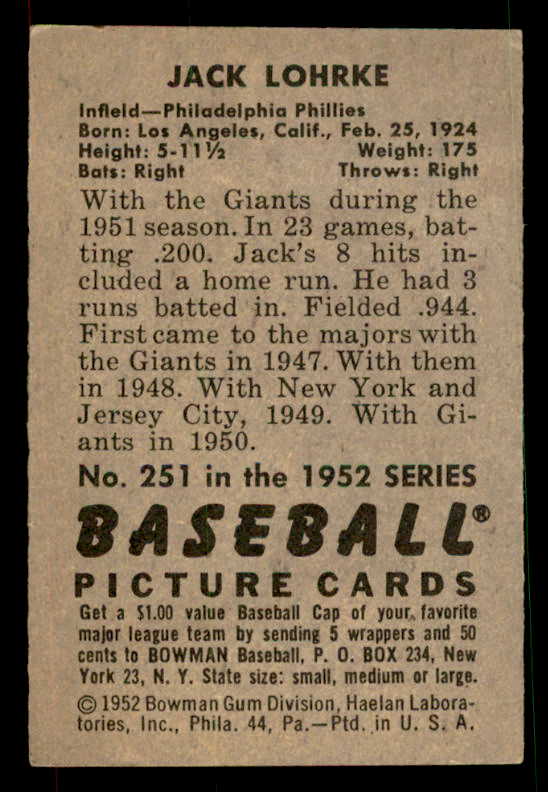1952 Bowman Baseball #251 Jack Lohrke Phillies EX 533150
