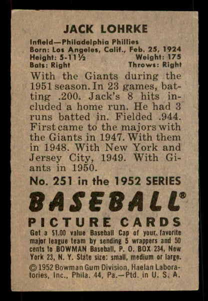 1952 Bowman Baseball #251 Jack Lohrke Phillies EX 533150