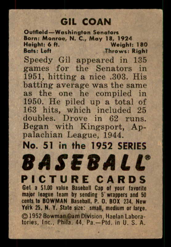 1952 Bowman Baseball #051 Gil Coan Senators EX 533152