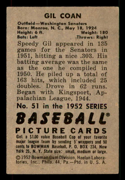 1952 Bowman Baseball #051 Gil Coan Senators EX 533152