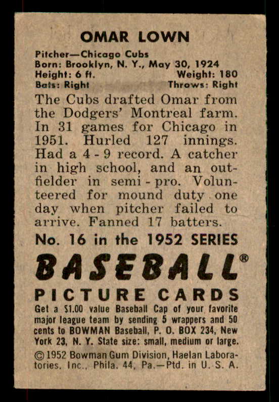 1952 Bowman Baseball #016 Turk Lown Cubs EX 533153