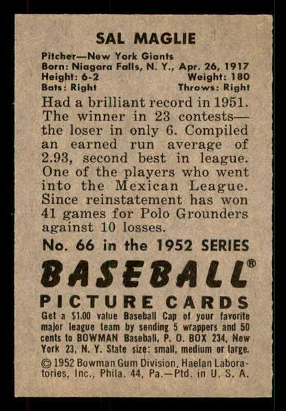 1952 Bowman Baseball #066 Sal Maglie Giants EX-MT 533154