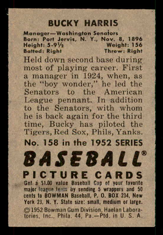 1952 Bowman Baseball #158 Bucky Harris Senators EX-MT 533155