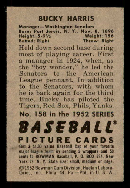 1952 Bowman Baseball #158 Bucky Harris Senators EX-MT 533155