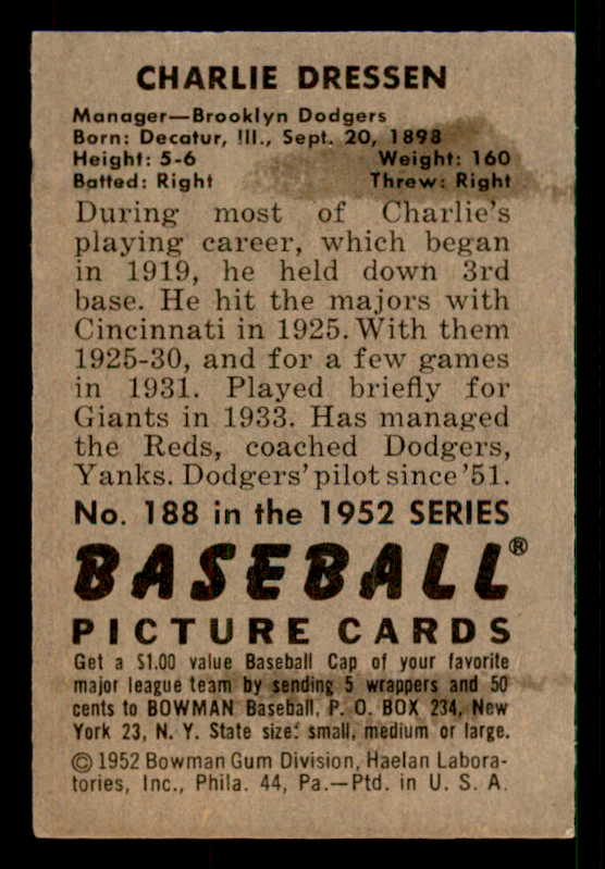 1952 Bowman Baseball #188 Chuck Dressen Dodgers EX-MT 533156