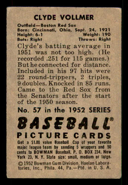 1952 Bowman Baseball #057 Clyde Vollmer Red Sox VG-EX 533157