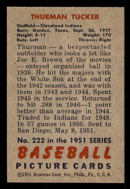 1951 Bowman Baseball #222 Thurman Tucker Indians EX-MT 533158