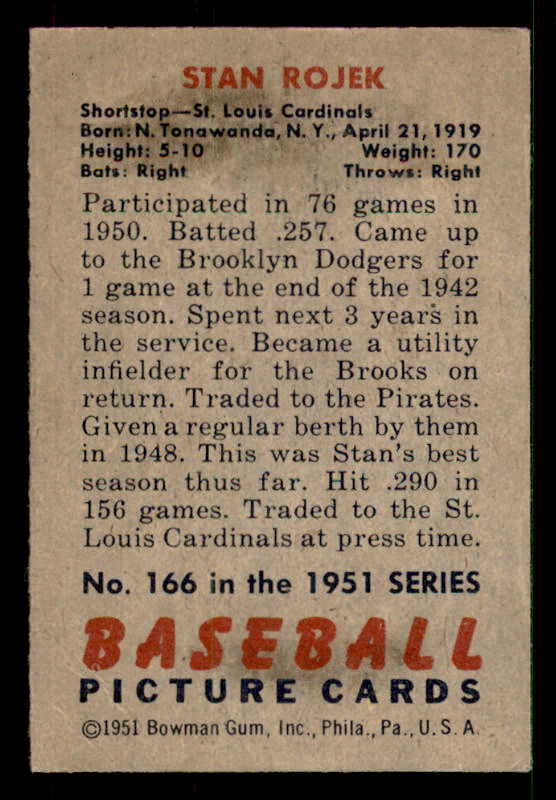 1951 Bowman Baseball #166 Stan Rojek Cardinals EX-MT 533159