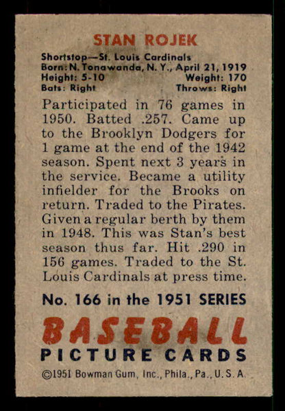 1951 Bowman Baseball #166 Stan Rojek Cardinals EX-MT 533159