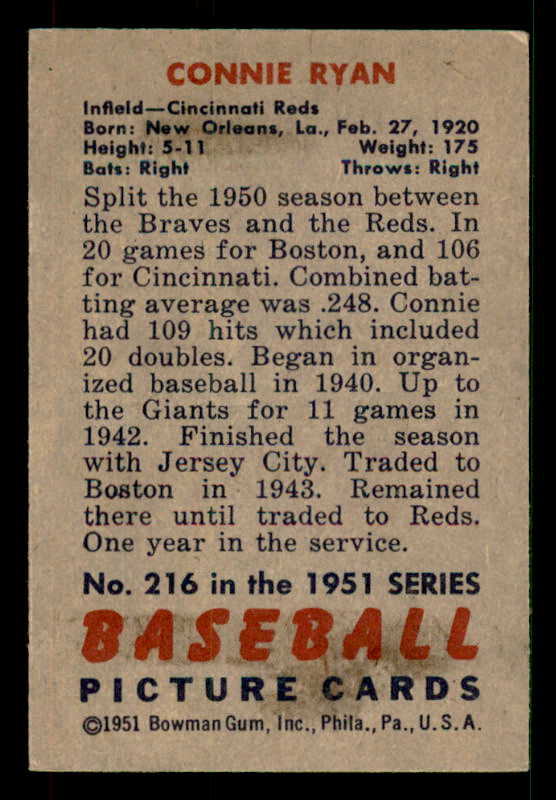 1951 Bowman Baseball #216 Connie Ryan Reds EX-MT 533160