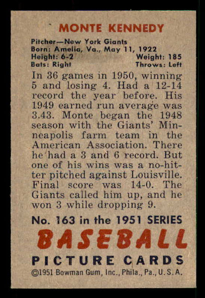1951 Bowman Baseball #163 Monte Kennedy Giants EX-MT/NR-MT 533162