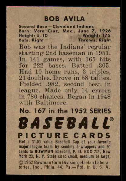 1952 Bowman Baseball #167 Bobby Avila Indians NR-MT 533163