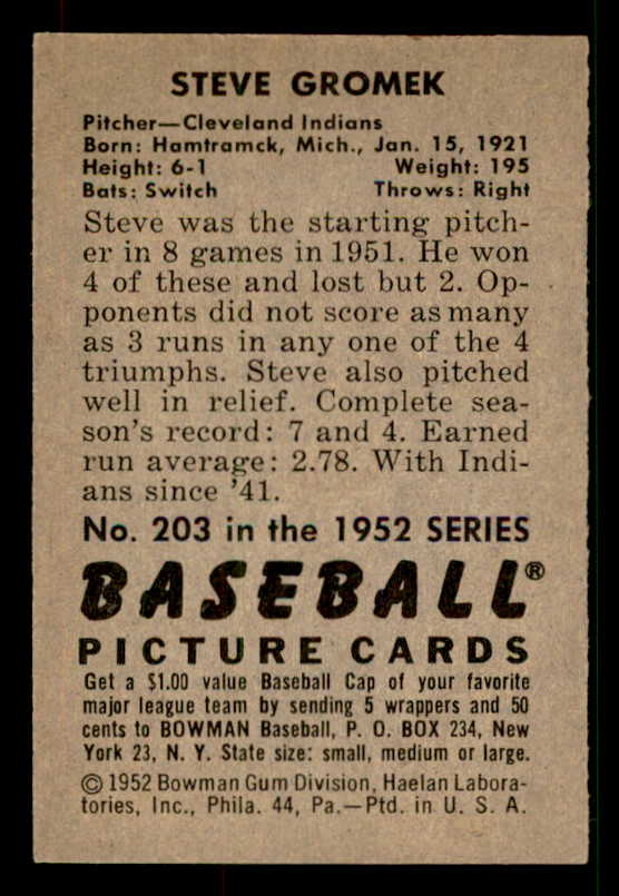 1952 Bowman Baseball #203 Steve Gromek Indians NR-MT 533164