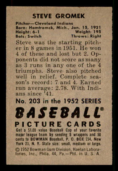 1952 Bowman Baseball #203 Steve Gromek Indians NR-MT 533164
