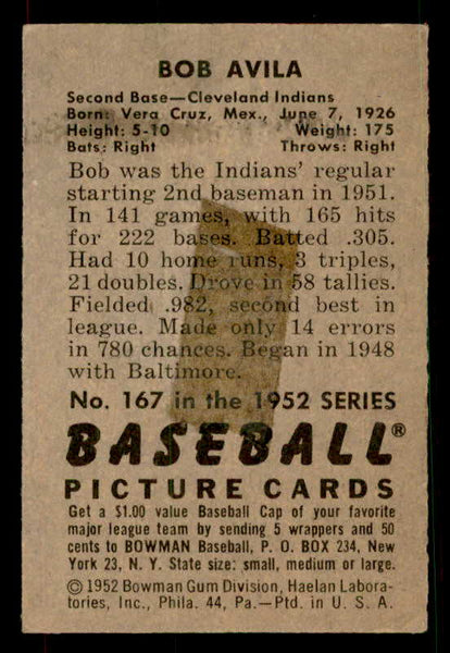 1952 Bowman Baseball #167 Bobby Avila Indians EX 533165