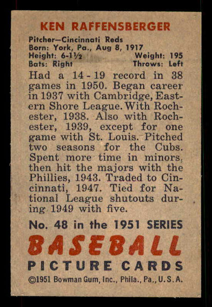1951 Bowman Baseball #048 Ken Raffensberger Reds NR-MT 533166