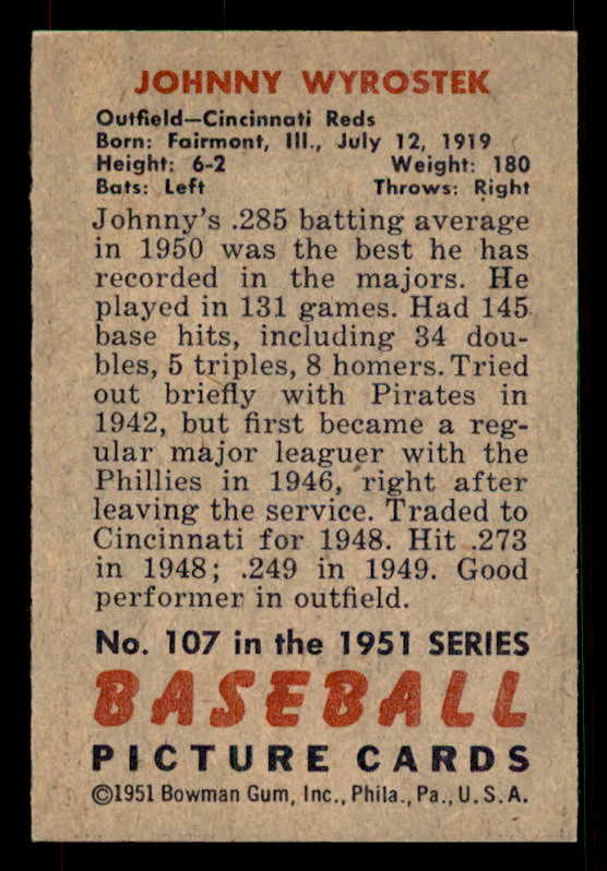 1951 Bowman Baseball #107 Johnny Wyrostek Reds NR-MT 533167