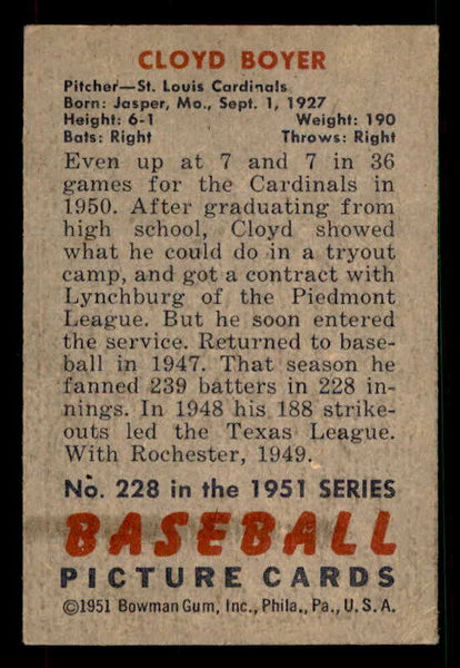 1951 Bowman Baseball #228 Cloyd Boyer Cardinals VG-EX 533169