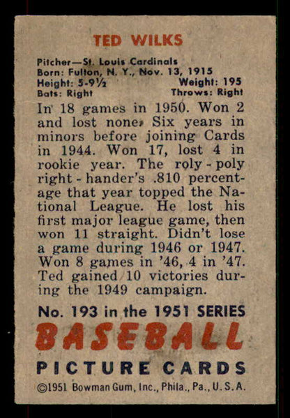 1951 Bowman Baseball #193 Ted Wilks Cardinals EX 533170