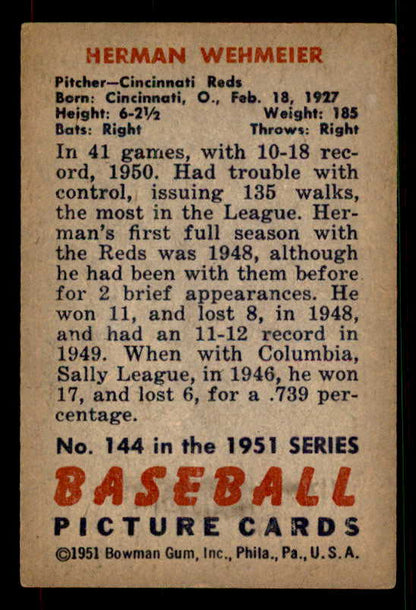 1951 Bowman Baseball #144 Herman Wehmeier Reds EX+/EX-MT 533172