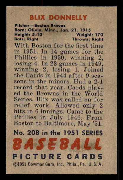 1951 Bowman Baseball #208 Blix Donnelly Braves EX-MT 533175