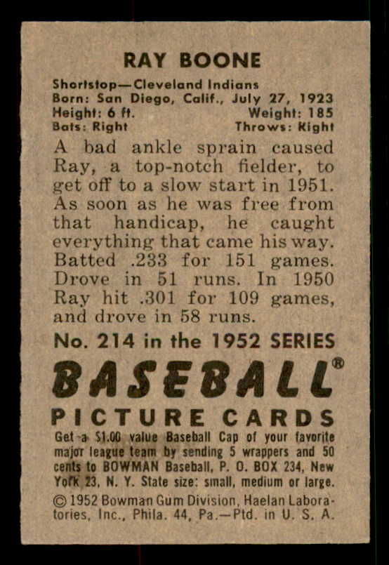 1952 Bowman Baseball #214 Ray Boone Indians EX-MT/NR-MT 533179
