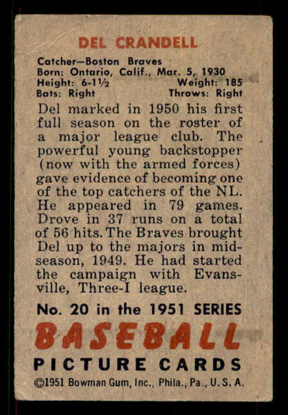1951 Bowman Baseball #020 Del Crandall Braves VG-EX 533181