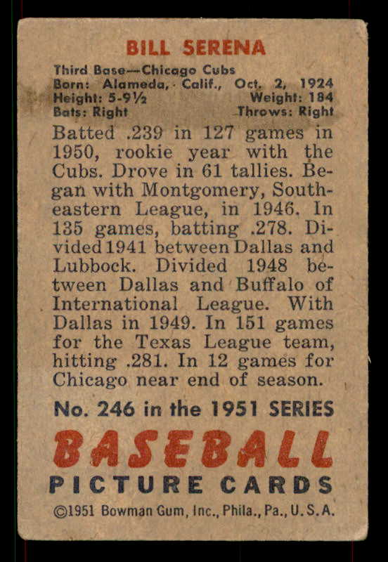 1951 Bowman Baseball #246 Bill Serena Cubs VG-EX 533182