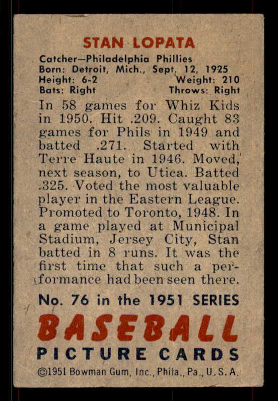 1951 Bowman Baseball #076 Stan Lopata Phillies VG-EX 533185