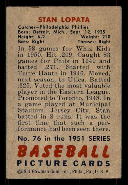 1951 Bowman Baseball #076 Stan Lopata Phillies VG-EX 533185