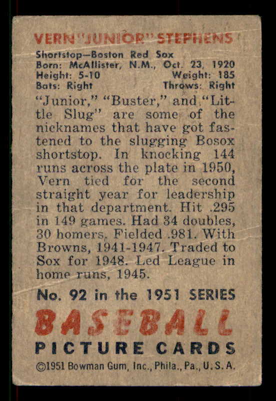 1951 Bowman Baseball #092 Vern Stephens Red Sox VG-EX 533187
