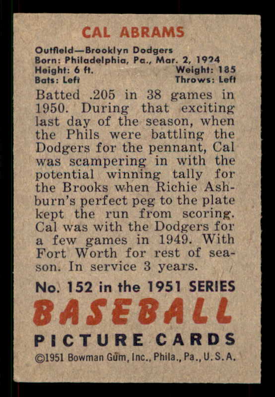 1951 Bowman Baseball #152 Cal Abrams Dodgers EX 533188