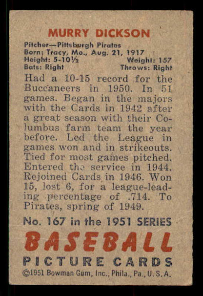 1951 Bowman Baseball #167 Murry Dickson Pirates EX 533190