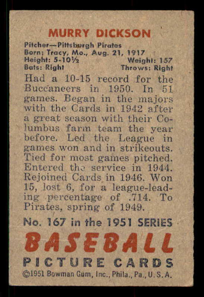 1951 Bowman Baseball #167 Murry Dickson Pirates EX 533190