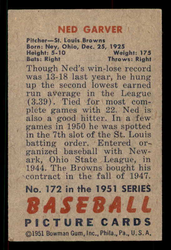 1951 Bowman Baseball #172 Ned Garver Browns EX 533191