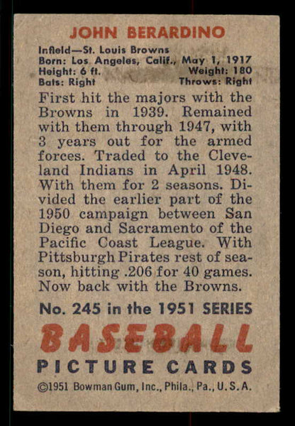 1951 Bowman Baseball #245 John Berardino Browns EX-MT 533193