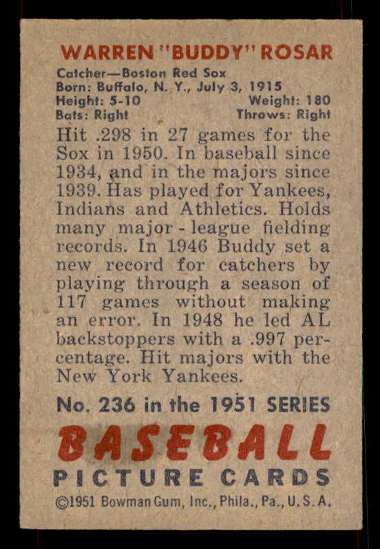1951 Bowman Baseball #236 Buddy Rosar Red Sox EX-MT 533195