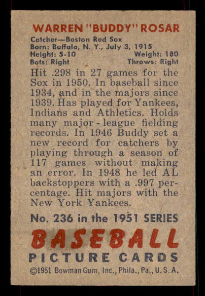 1951 Bowman Baseball #236 Buddy Rosar Red Sox EX-MT 533195