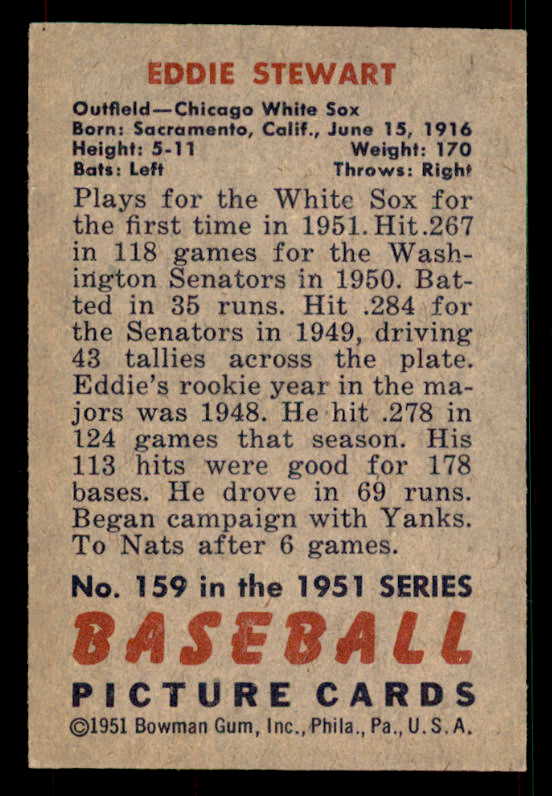 1951 Bowman Baseball #159 Eddie Stewart White Sox EX-MT 533198