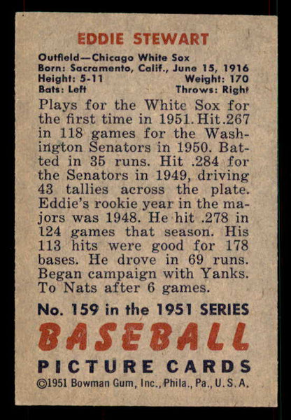 1951 Bowman Baseball #159 Eddie Stewart White Sox EX-MT 533198