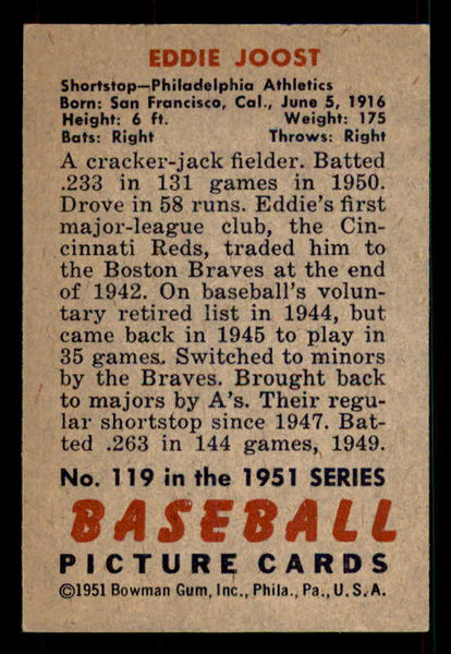 1951 Bowman Baseball #119 Eddie Joost A's EX-MT 533200