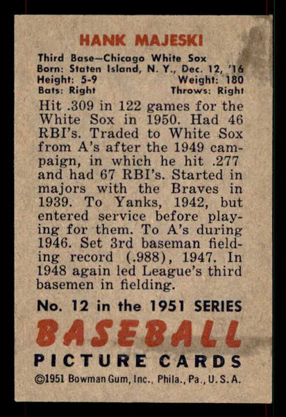 1951 Bowman Baseball #012 Hank Majeski White Sox EX-MT 533201